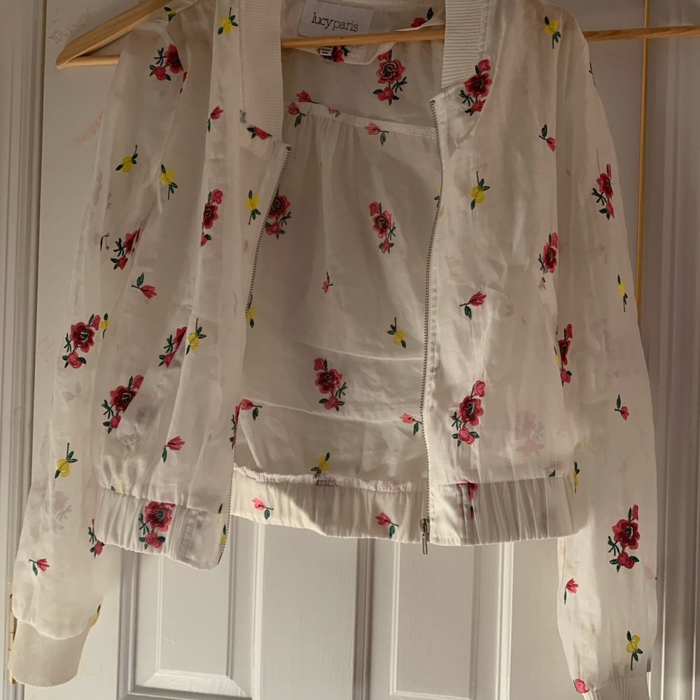 Lucy Paris lightweight white see through floral printed zip up jacket